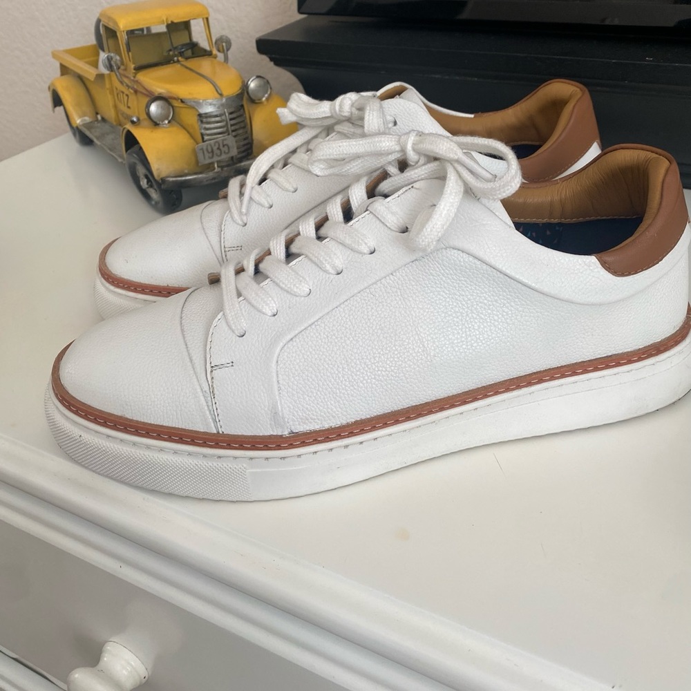 The Nathan Casual White & Cognac Colored Trim Comfy Sneaker by Thomas & Vine